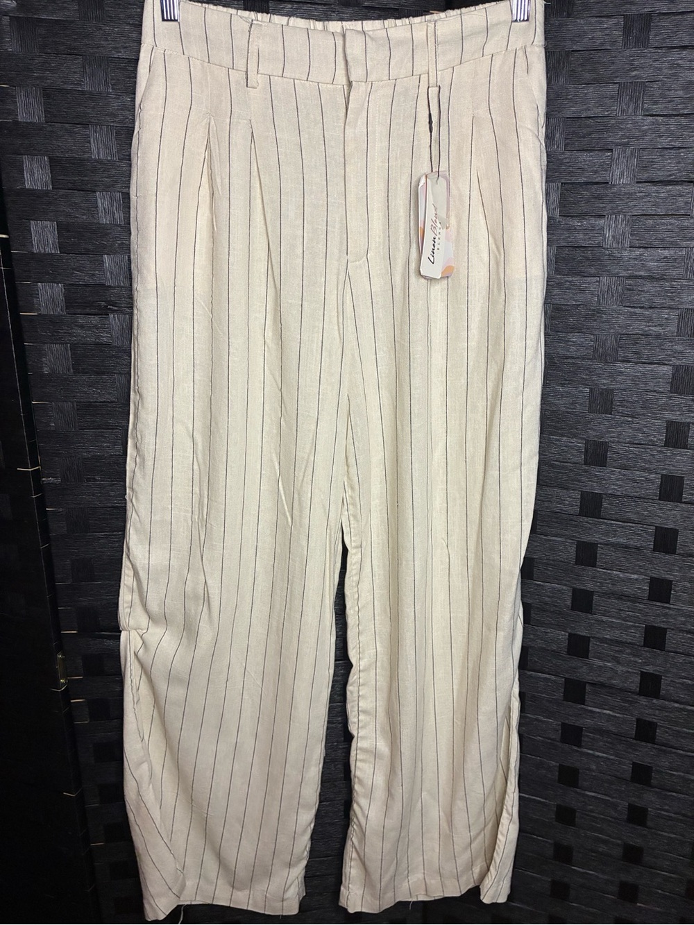 Linen Blend High-Rise Cream Pinstripe Wide-Leg Trousers